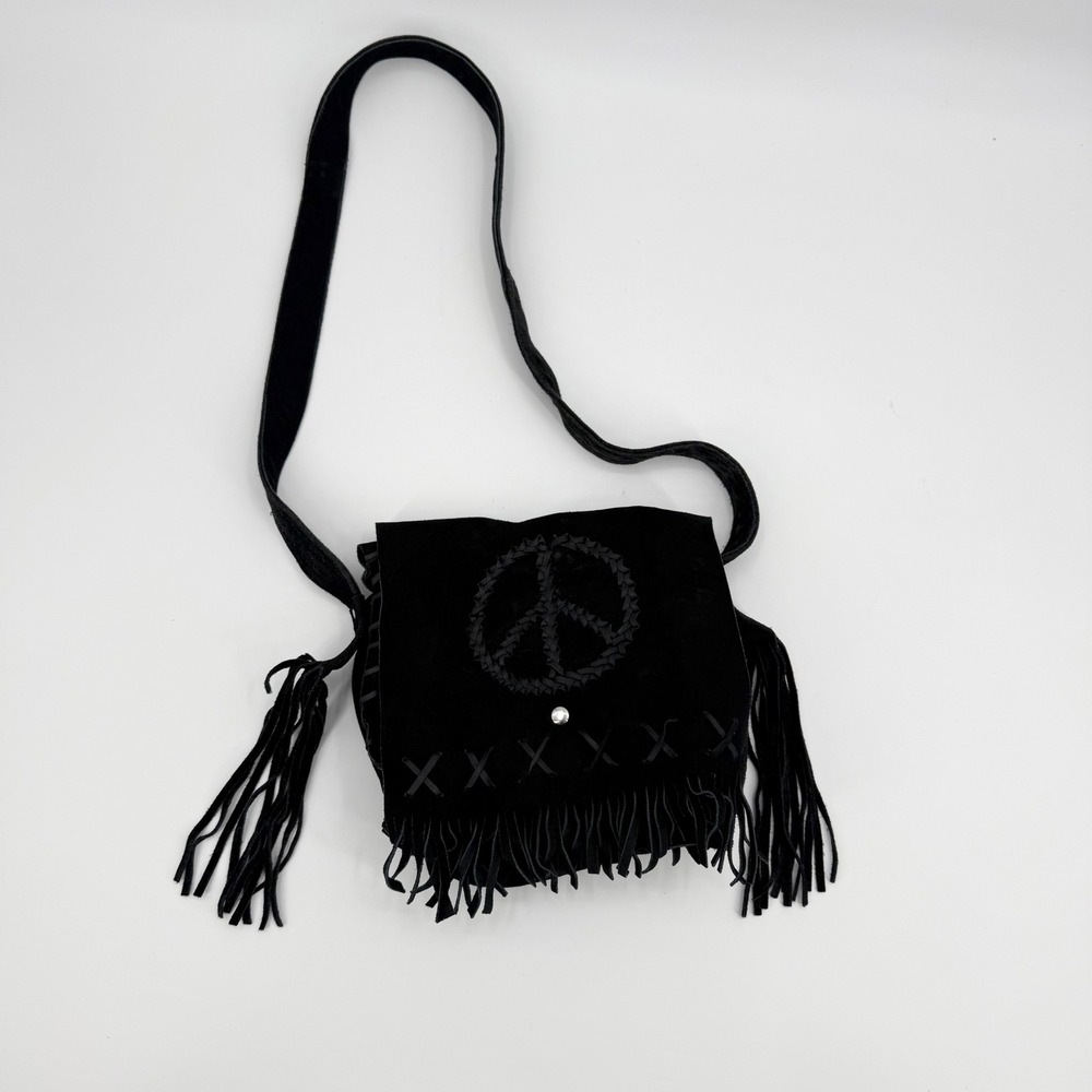 Peace Fringe Black Suede Leather Biker Hippie Boho Crossbody Bag Purse